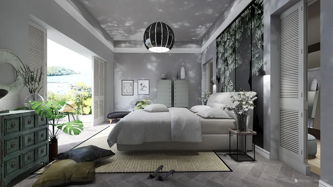 Contemporary TropicalTheme camera da letto Grey White 3d design renderings