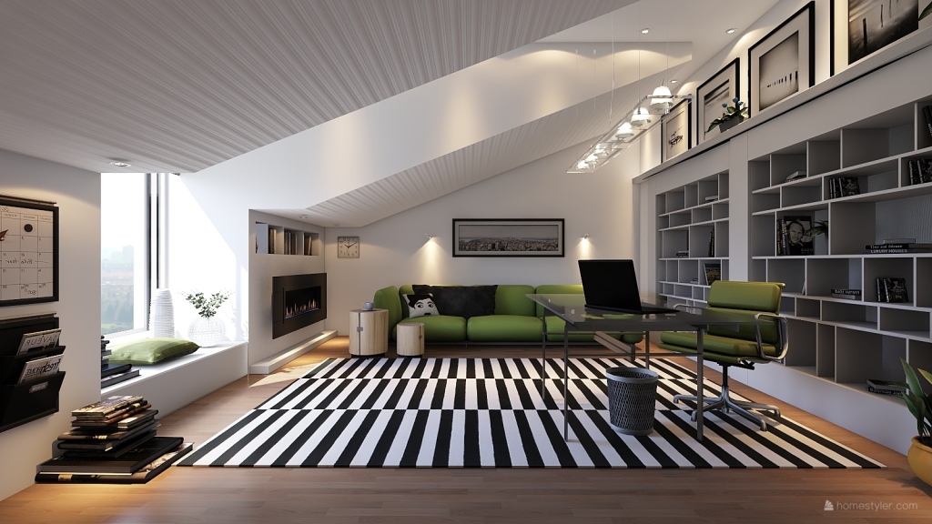 Modern Contemporary studio Black White Green 3d design renderings