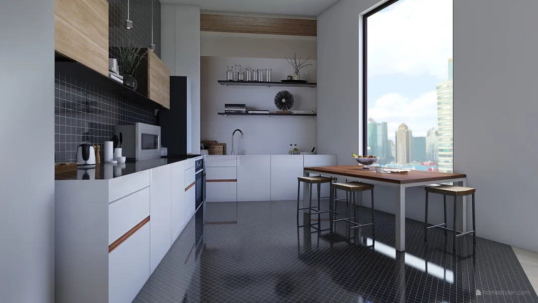 Modern Contemporary Urban Apartment. White Black WoodTones 3d design renderings