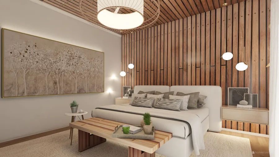Modern Farmhouse White Grey Beige WoodTones Green Bedroom1 3d design renderings
