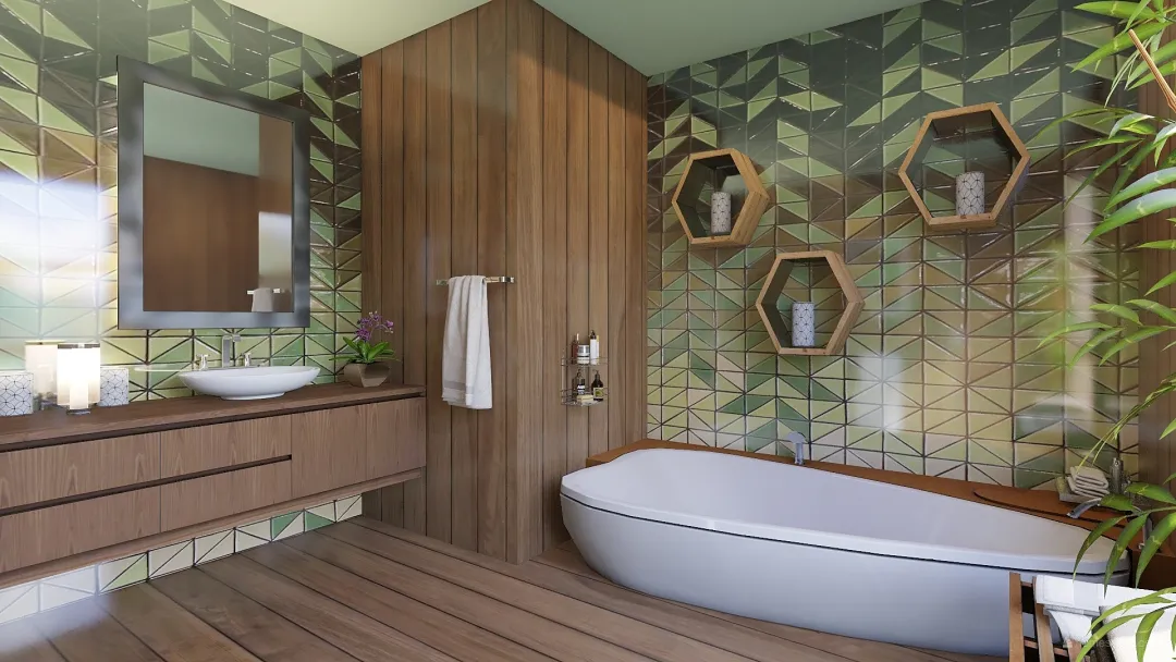 TropicalTheme Baño tropical WoodTones Green 3d design renderings