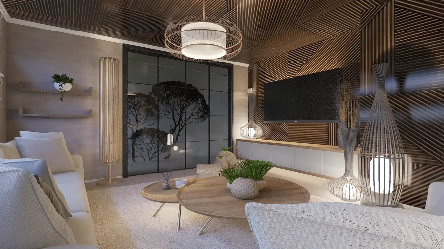 Modern Farmhouse White Grey Beige WoodTones Green Living Room 3d design renderings
