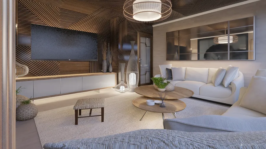Modern Farmhouse White Grey Beige WoodTones Green Living Room 3d design renderings