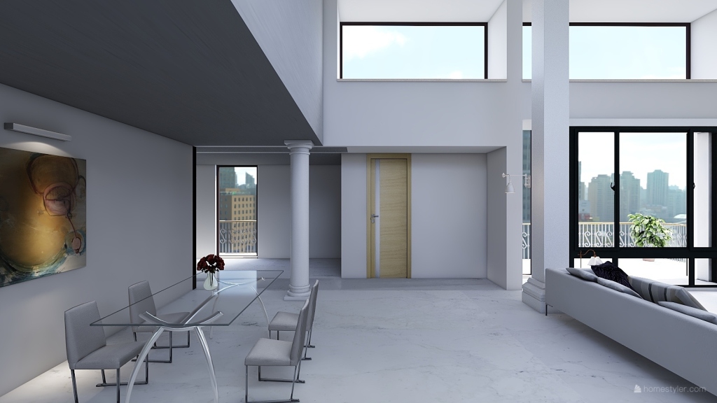 ArtDeco Bauhaus Modern Blue White Black Living and Dining Room 3d design renderings
