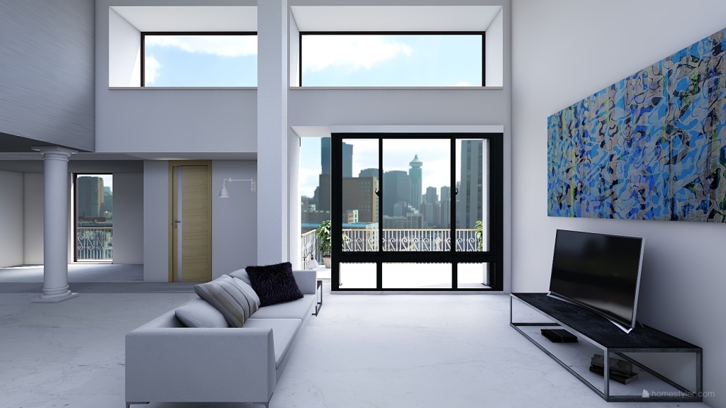 ArtDeco Bauhaus Modern Blue White Black Living and Dining Room 3d design renderings