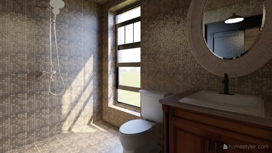 Modern Farmhouse Beige WoodTones Bathroom 3d design renderings