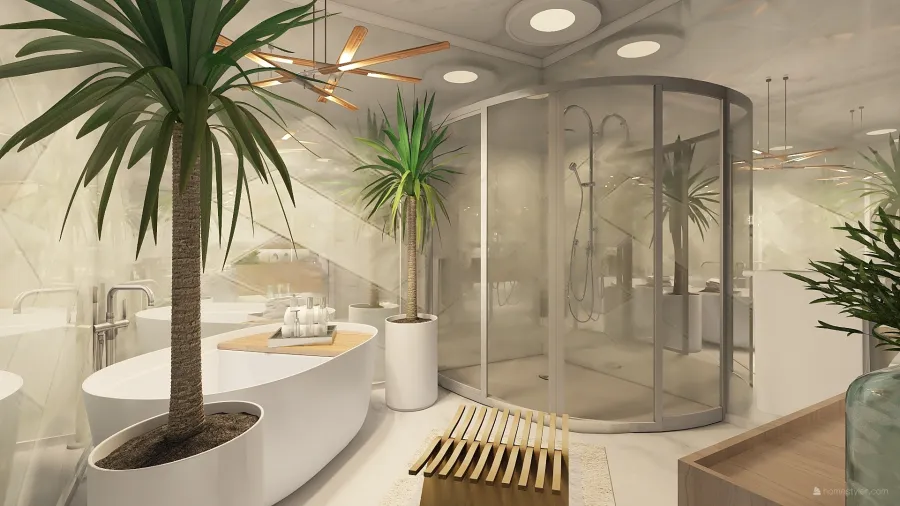 Modern Farmhouse White Grey Beige WoodTones Green Bathroom1 3d design renderings