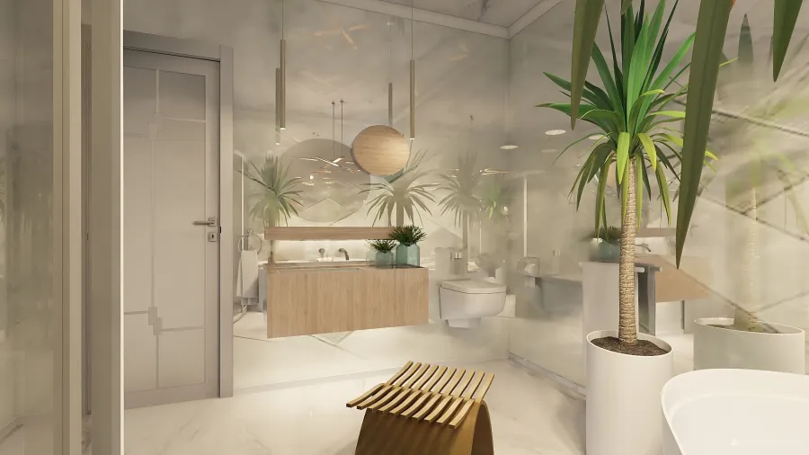 Modern Farmhouse White Grey Beige WoodTones Green Bathroom1 3d design renderings