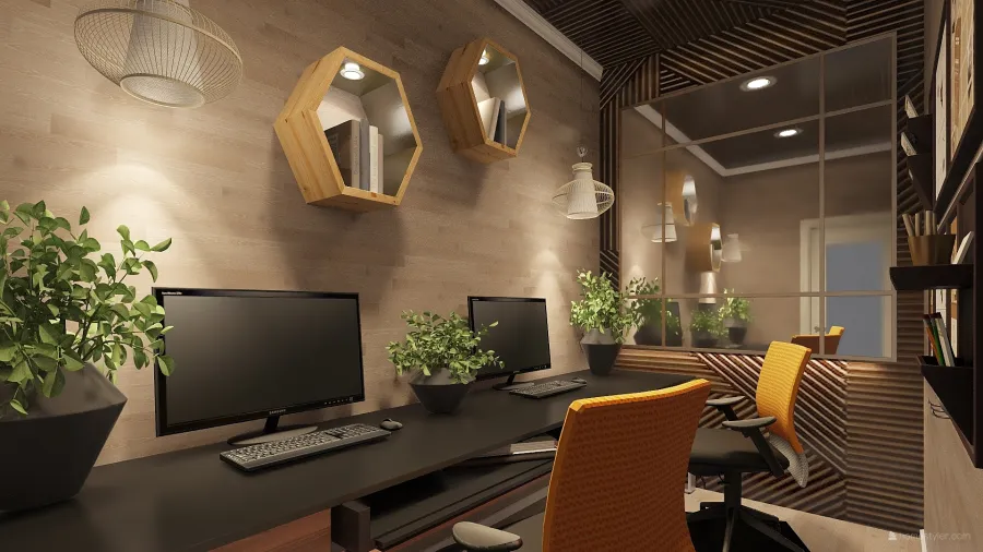 Modern Farmhouse White Grey Beige WoodTones Green Office1 3d design renderings