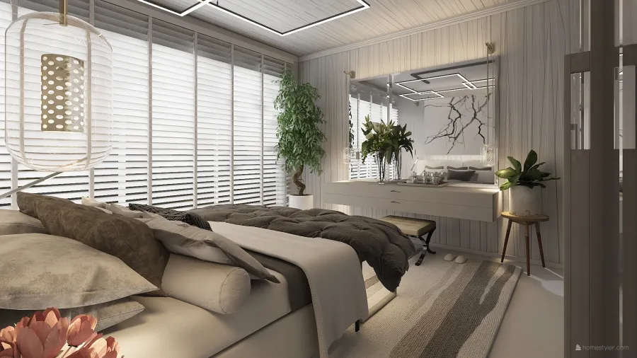 Modern Farmhouse White Grey Beige WoodTones Green Bedroom1 3d design renderings