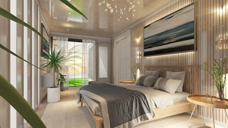 Modern Farmhouse White Grey Beige WoodTones Green Master Bedroom 3d design renderings