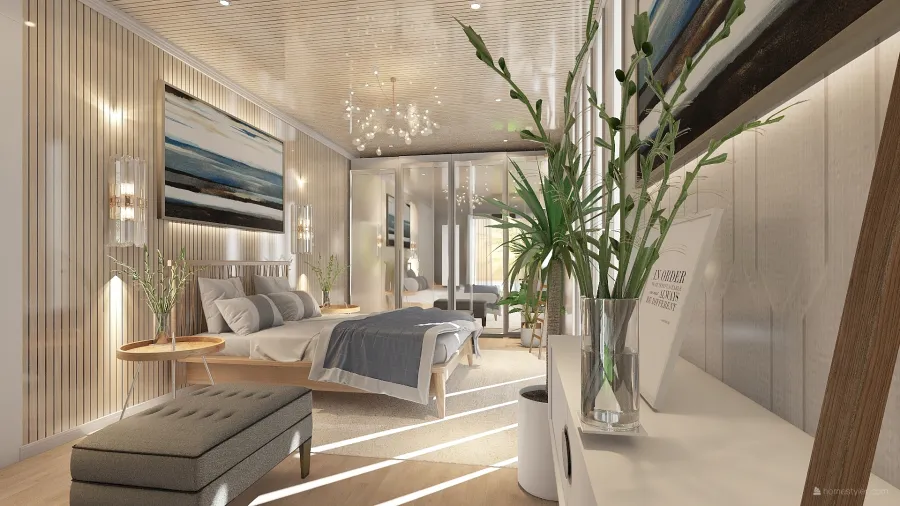 Modern Farmhouse White Grey Beige WoodTones Green Master Bedroom 3d design renderings