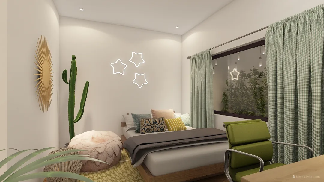 small bedroom with bathroom and garden view 3d design renderings