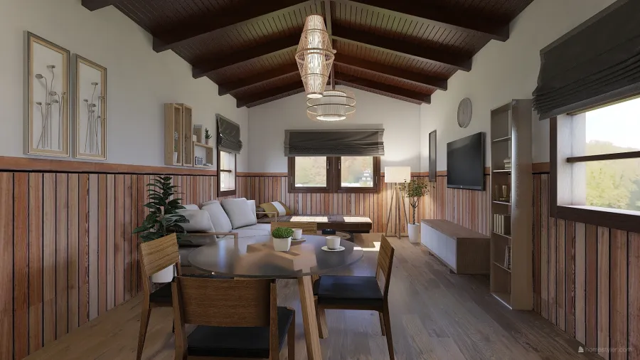 Industrial Modern WoodTones Living and Dining Room 3d design renderings