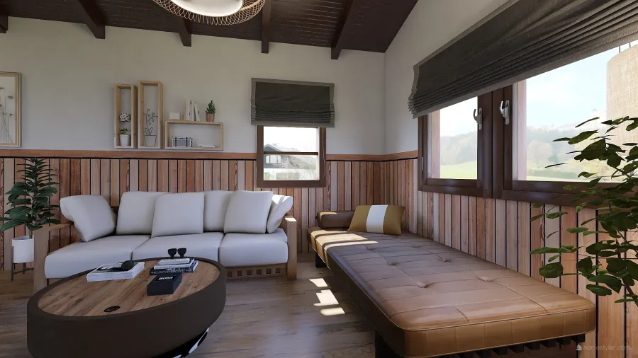 Industrial Modern WoodTones Living and Dining Room 3d design renderings