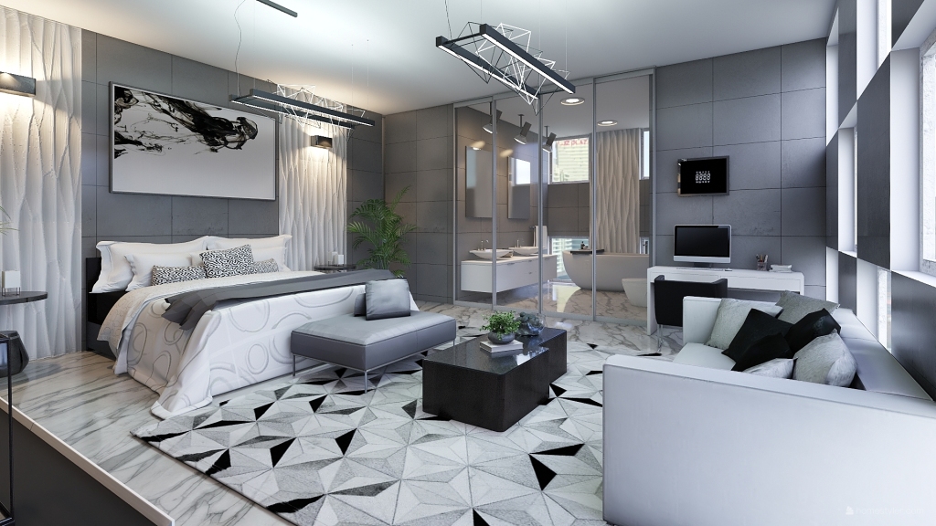 Modern Bauhaus Habitación de hotel de lujo  Black White Grey 3d design renderings