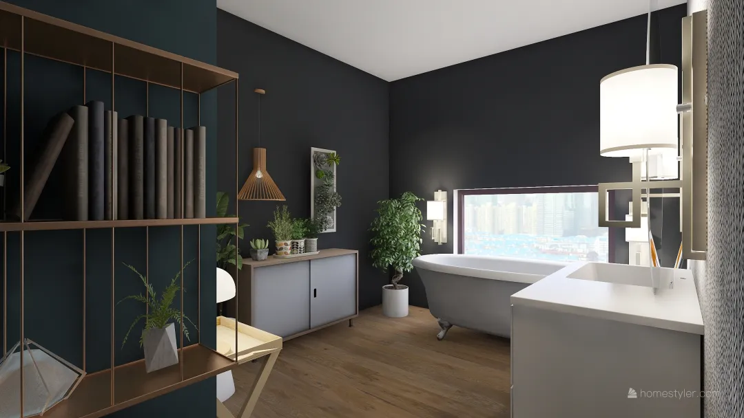 Bohemian Modern BATHROOM BOHO Black White Blue 3d design renderings