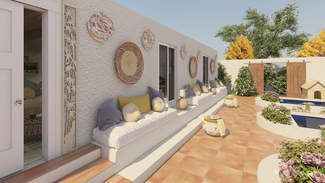 Bohemian Mediterranean WabiSabi Casa vacacional con patio en Ibiza Beige Blue Yellow 3d design renderings