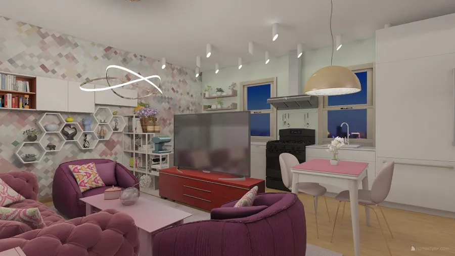 Living-Dining-Kitchen 3d design renderings