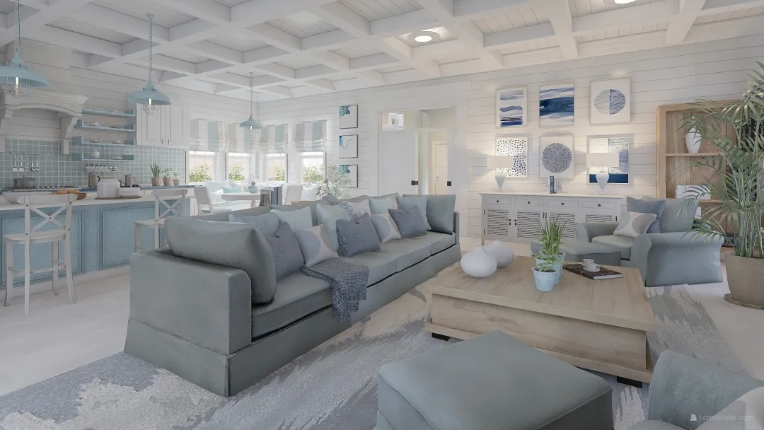 Mediterranean Costal Casa estilo costero White Blue 3d design renderings