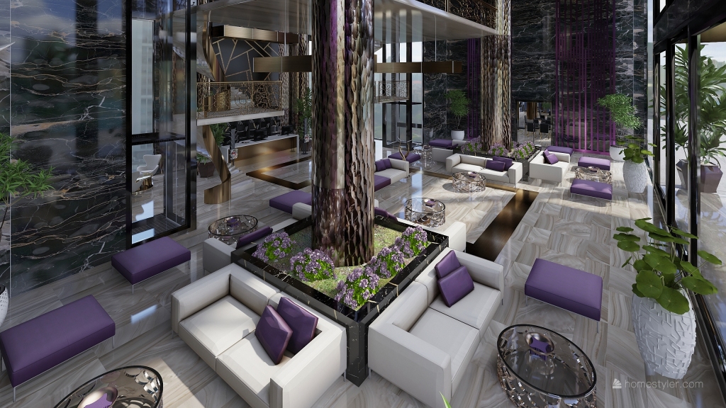 ArtDeco Modern Recepcion hotel ,aseos y cafeteria Beige Purple Blue Black Yellow 3d design renderings