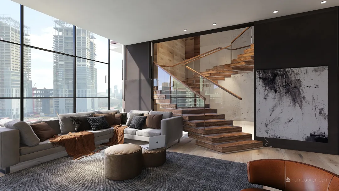 Modern Urban 2 story apartment EarthyTones Grey Black Orange 3d design renderings