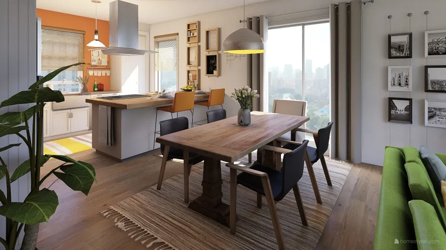 Contemporary Flat with a view Orange Green WoodTones 3d design renderings