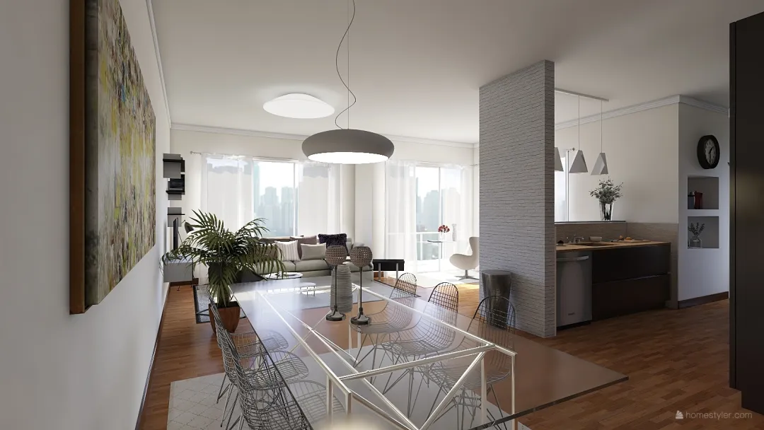 Contemporary Open kitchen Black White Beige 3d design renderings
