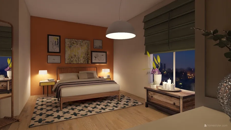 Contemporary Flat with a view Orange Green WoodTones 3d design renderings