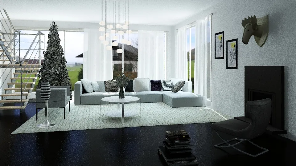 Black and White Winter Living Room 3d design renderings