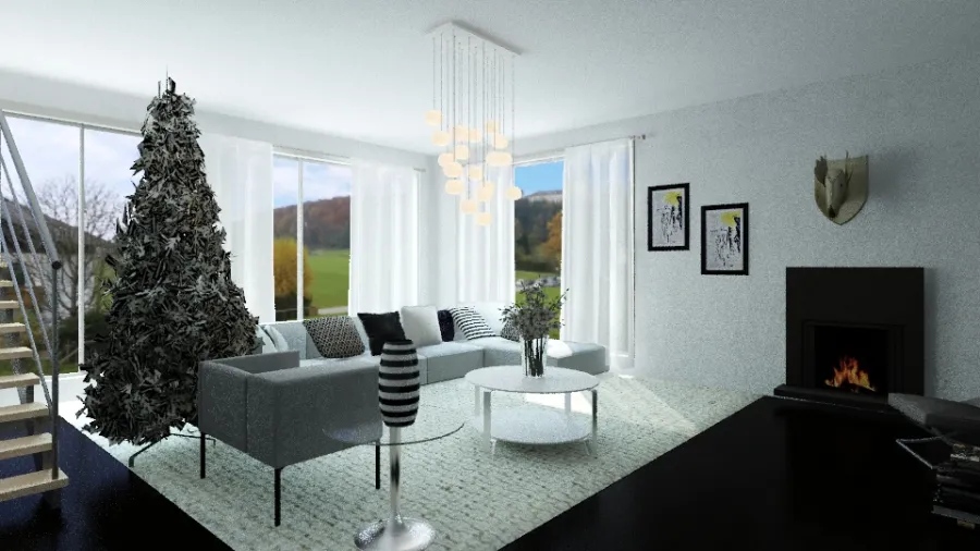 Black and White Winter Living Room 3d design renderings