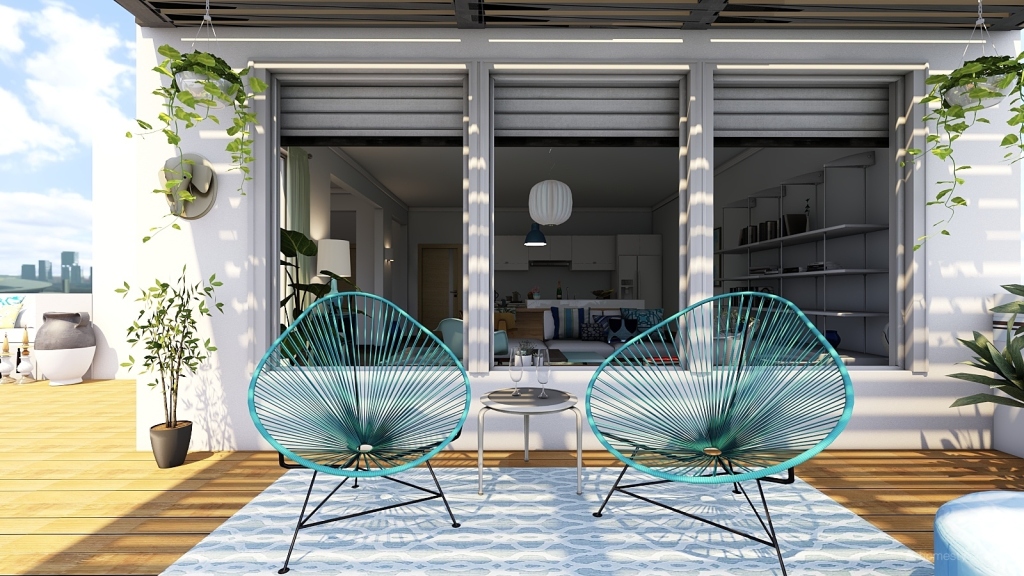 Mediterranean Costal Contemporary Blue vacancy Blue White Green 3d design renderings