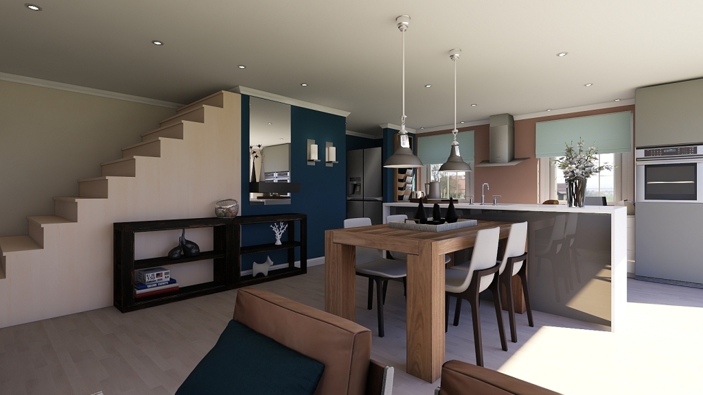 Contemporary Open Plan Living in Split Complimentary colour scheme Blue Beige Red 3d design renderings