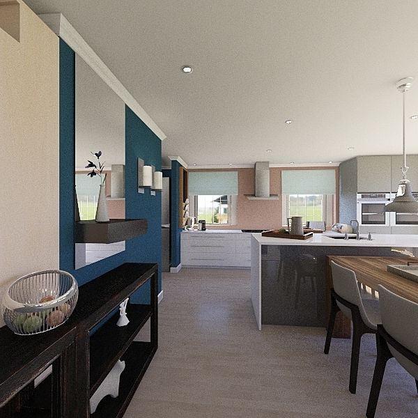 Contemporary Open Plan Living in Split Complimentary colour scheme Blue Beige Red 3d design renderings