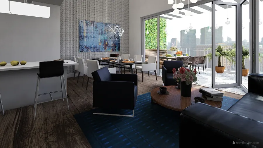 Contemporary loft house _ living + dining + out door White Blue Black 3d design renderings