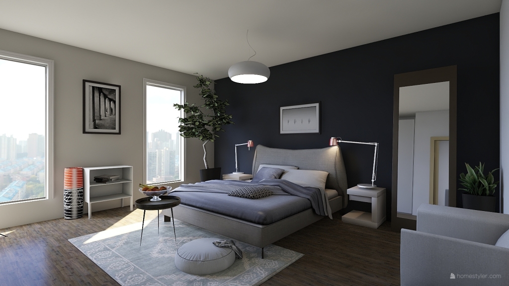 Contemporary Rustic WoodTones Blue Grey Beige Bedroom1 3d design renderings