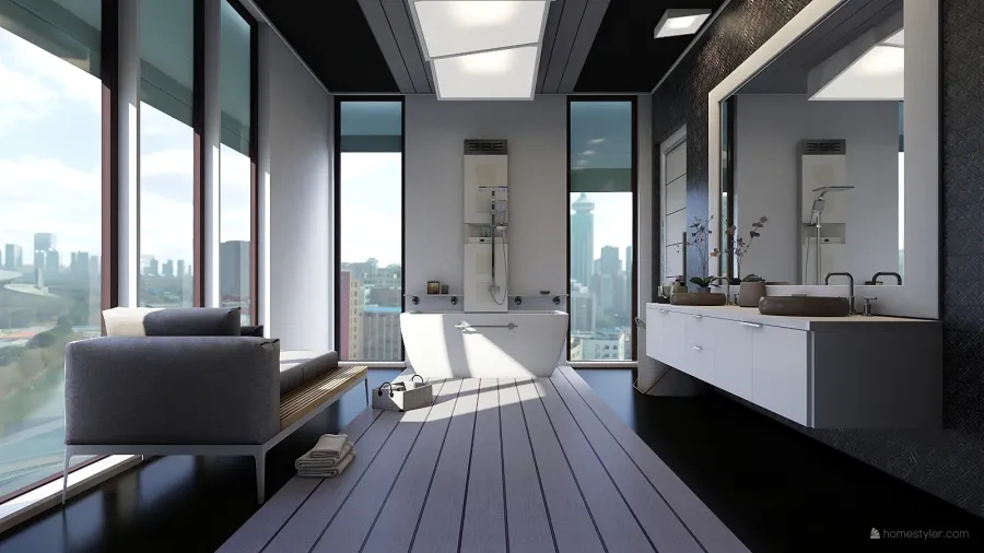 Modern Bauhaus bath White Black 3d design renderings