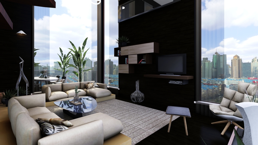 Modern TropicalTheme SkyHome Apartment Black White Grey 3d design renderings