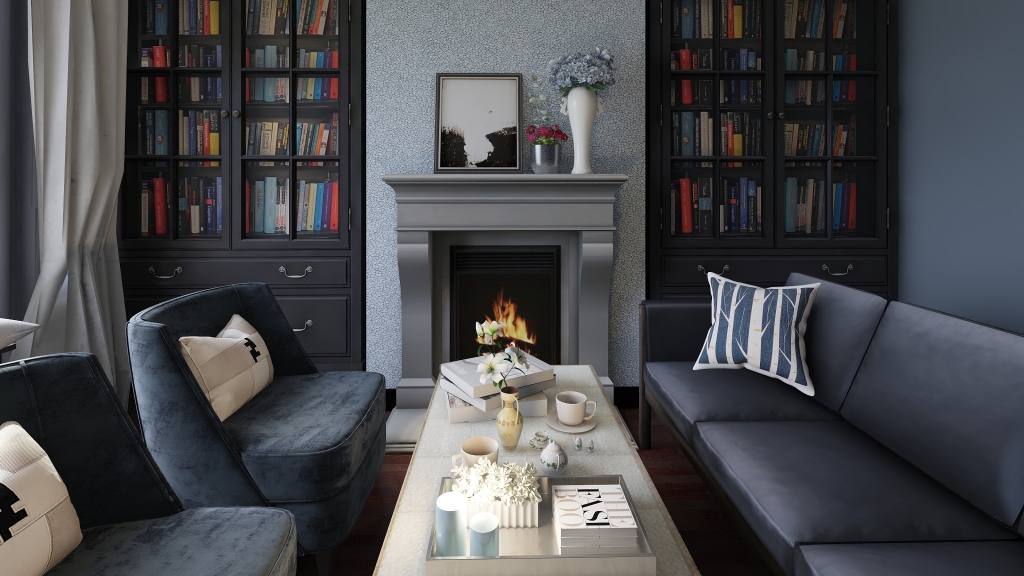 Traditional Living Room Black Blue White 3d design renderings