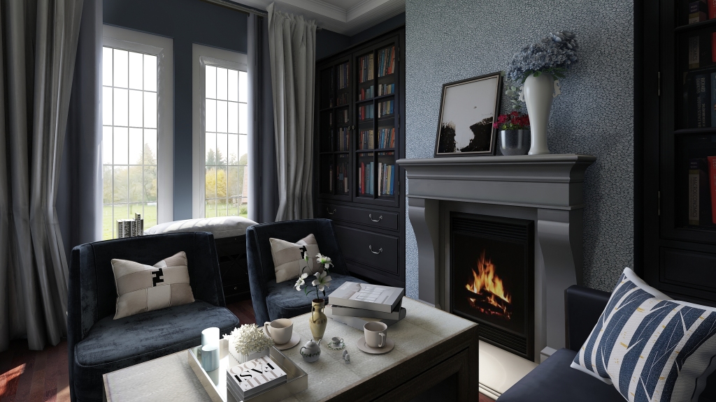 Traditional Living Room Black Blue White 3d design renderings