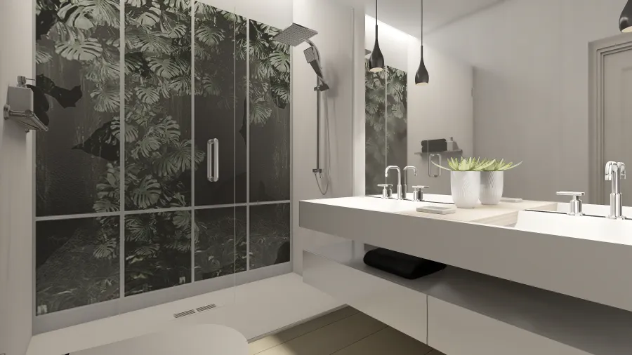 Asian ArtDeco Modern Bauhaus Black White Second Bathroom 3d design renderings