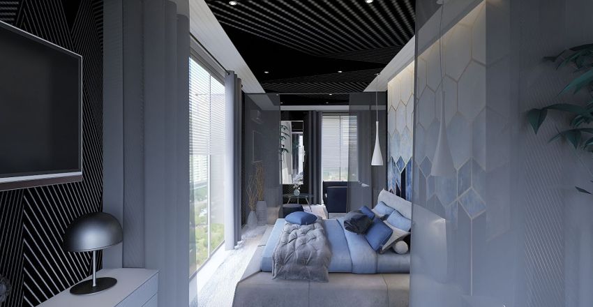 Modern Contemporary hotel master suite Blue Beige Black 3d design renderings