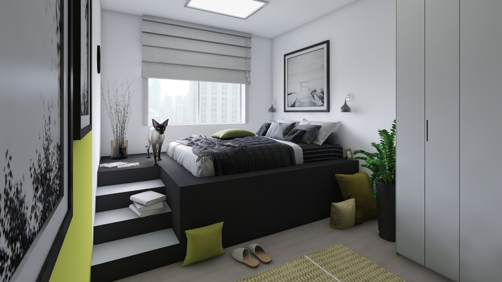 Contemporary Modern Asian Ložnice Black White Yellow 3d design renderings