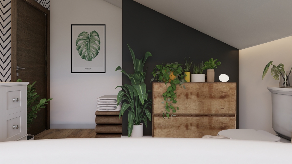 Bohemian TropicalTheme BATHROOM White Green Black Beige 3d design renderings