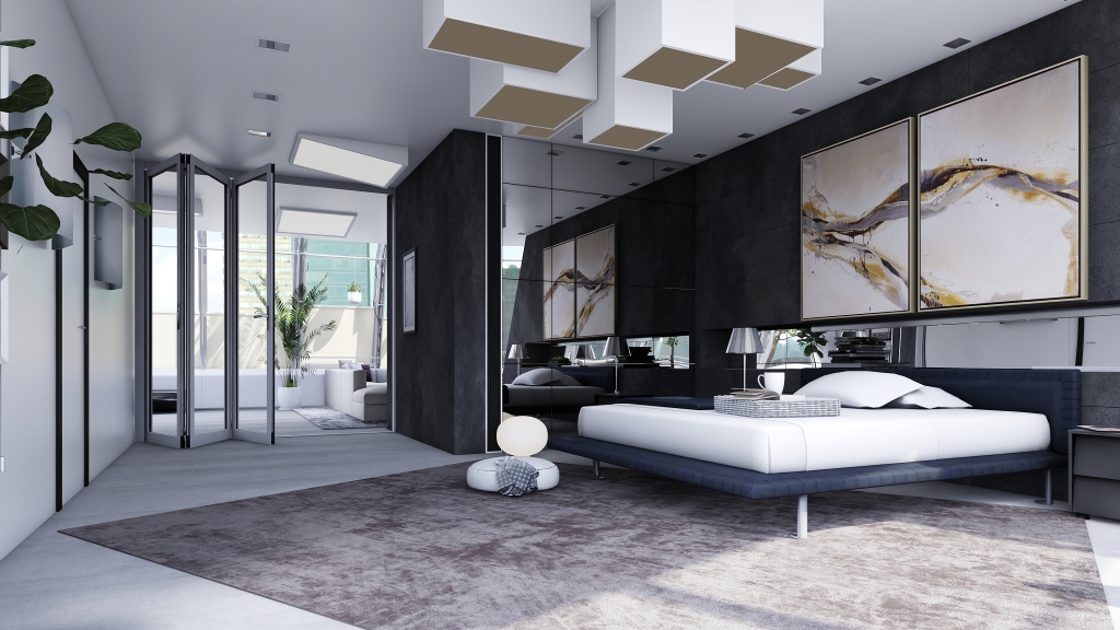 Modern Bauhaus attico luminoso Black White Grey 3d design renderings