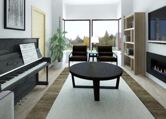 small lounge with piano and fireplace Design Rendering