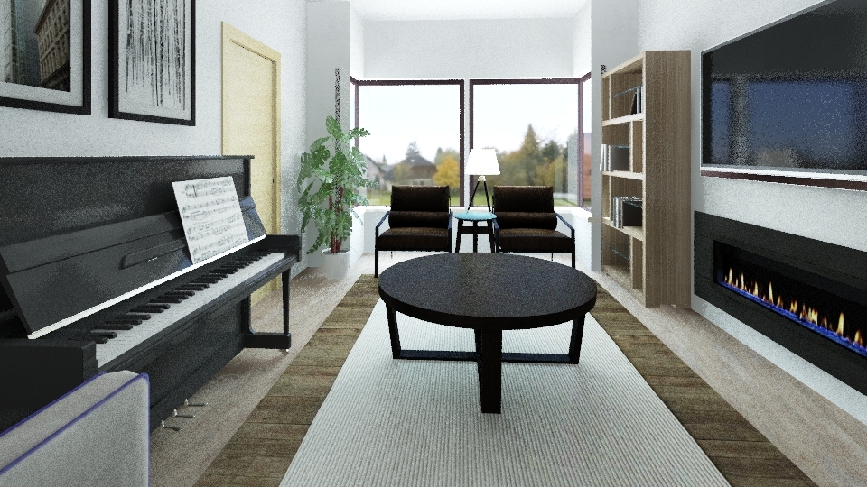 small lounge with piano and fireplace 3d design renderings