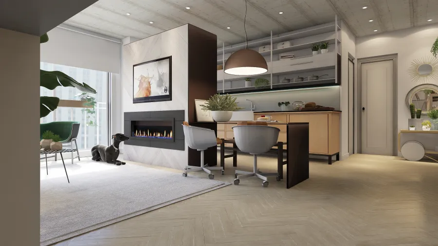 Industrial Traditional EarthyTones Beige Living&kitchen 3d design renderings
