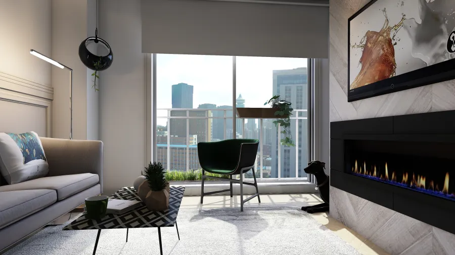 Industrial Traditional EarthyTones Beige Living&kitchen 3d design renderings