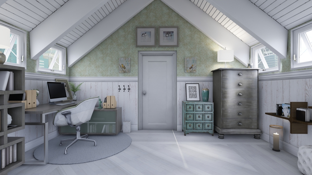 Rustic Farmhouse Airy Attic Bedroom Green White Grey 3d design renderings